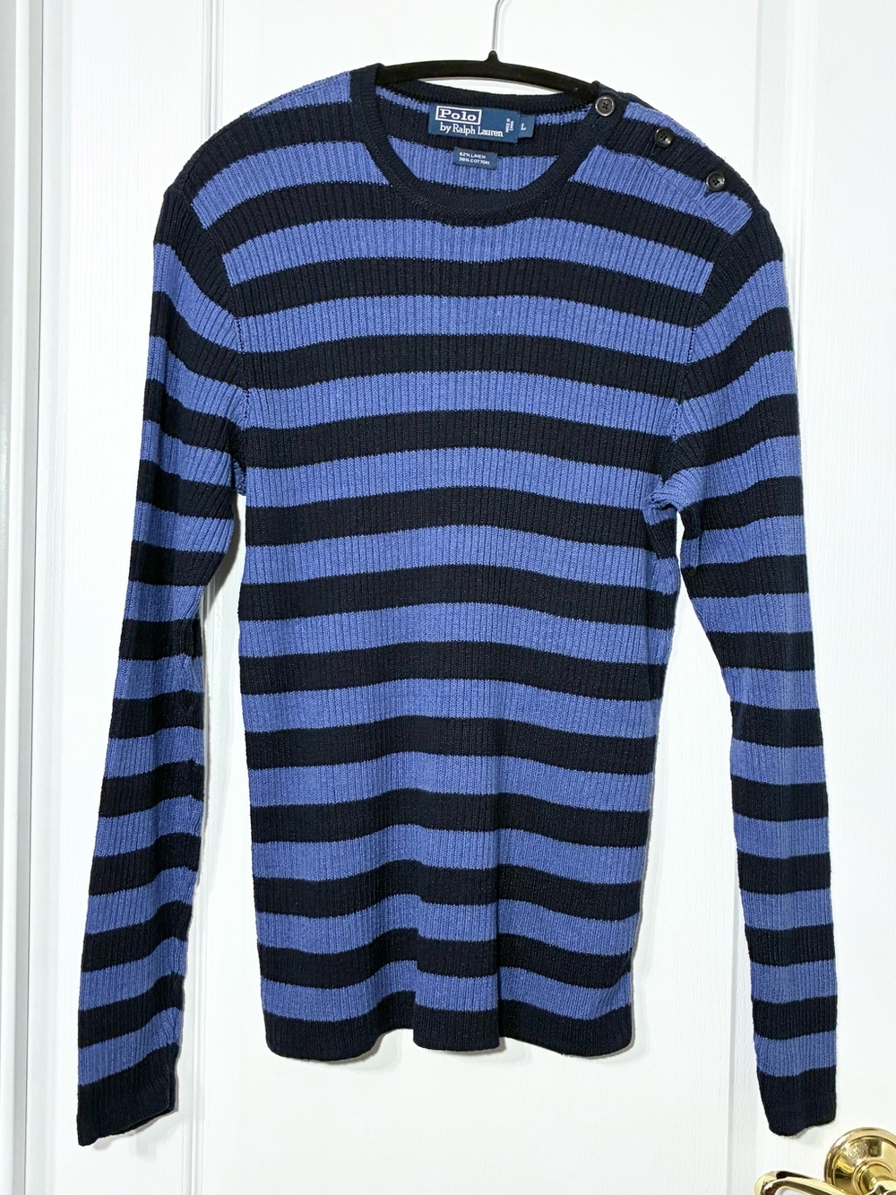 Y2K VTG Polo Ralph Lauren Linen Cotton Striped Crewneck Sweater Blue Men’s Large